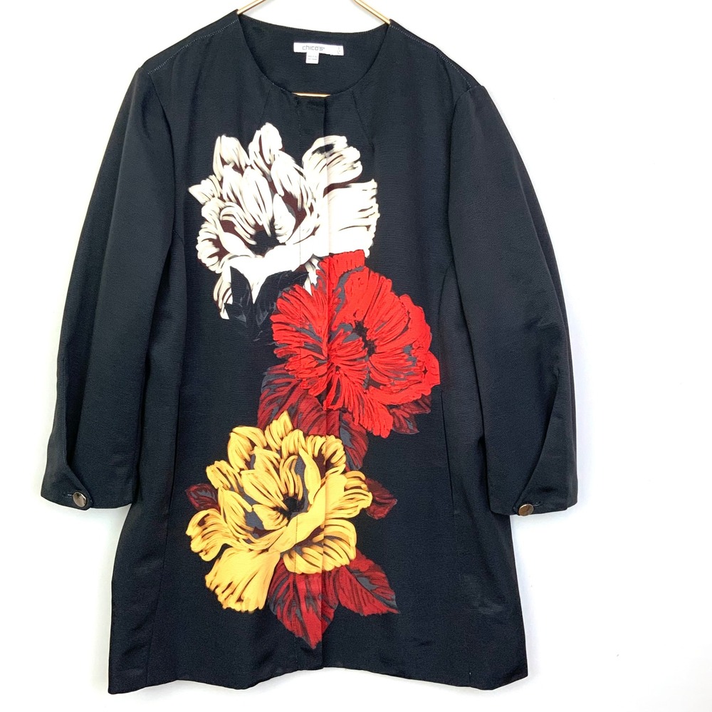 Chicos 3 XL Black Faille Floral Topper Zip 3/4 Sleeve Collarless Topper Jacket